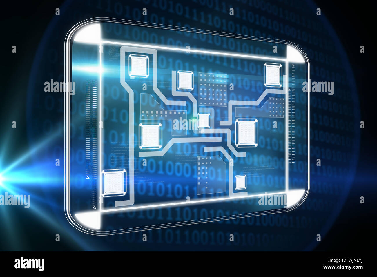 Technology interface  against glowing binary code on black background Stock Photo