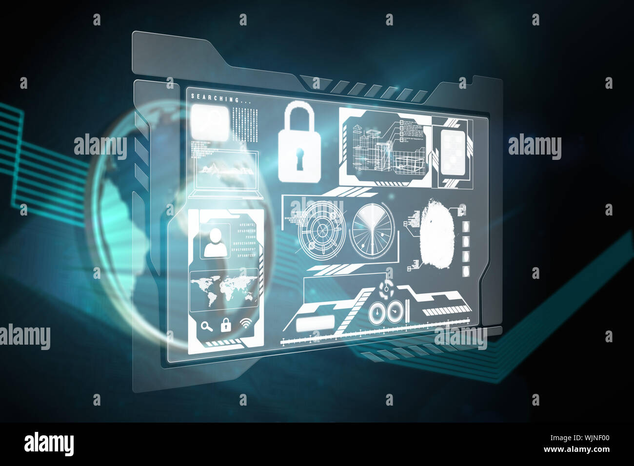 Security interface against shiny globe on black background Stock Photo