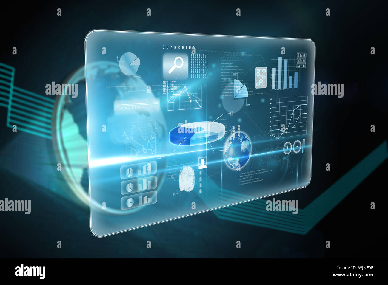 Business interface against shiny globe on black background Stock Photo