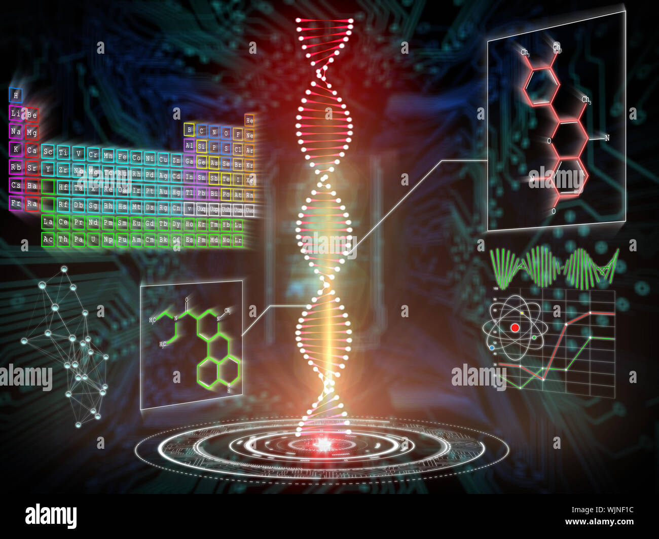 DNA helix interface against shiny key on black circuit board background Stock Photo