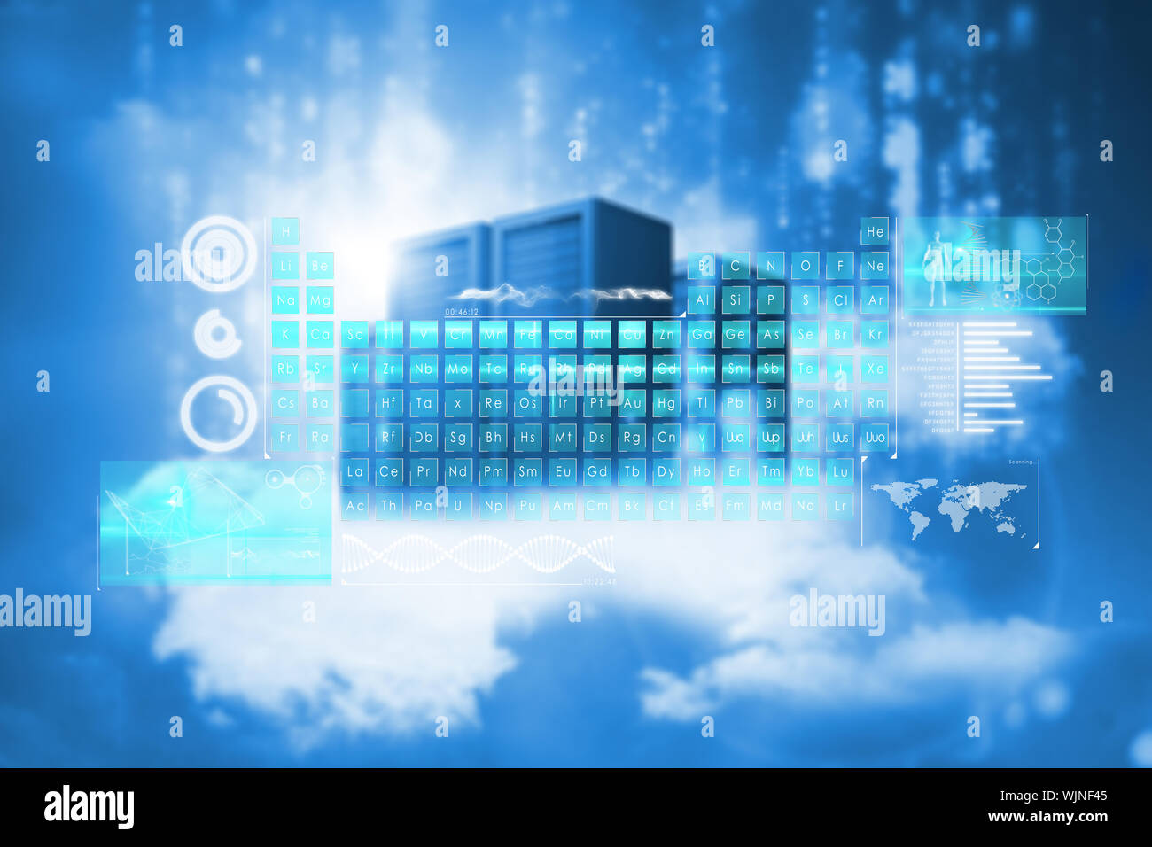 Keyboard interface against cityscape on cloud Stock Photo