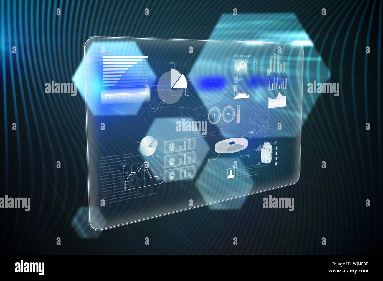 Abstract technology interface against shiny hexagons on black background Stock Photo