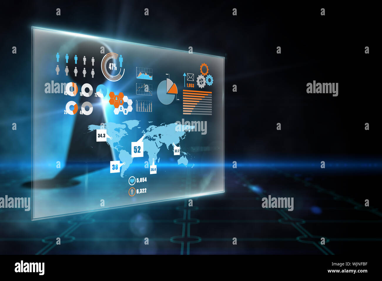 Business interface against keyhole on technological black background Stock Photo