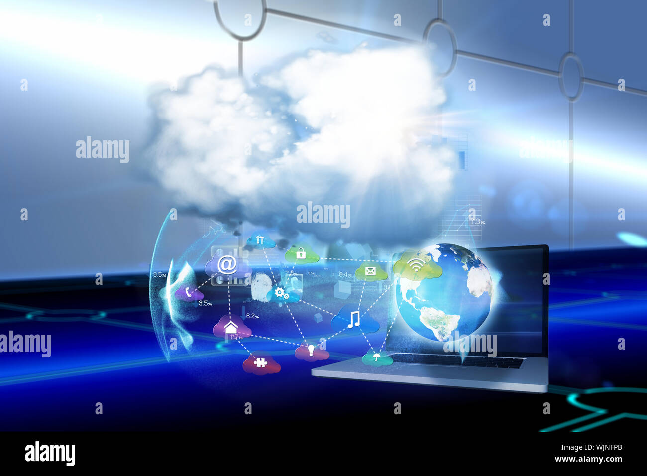 Cloud computing background against keyhole on technological background Stock Photo