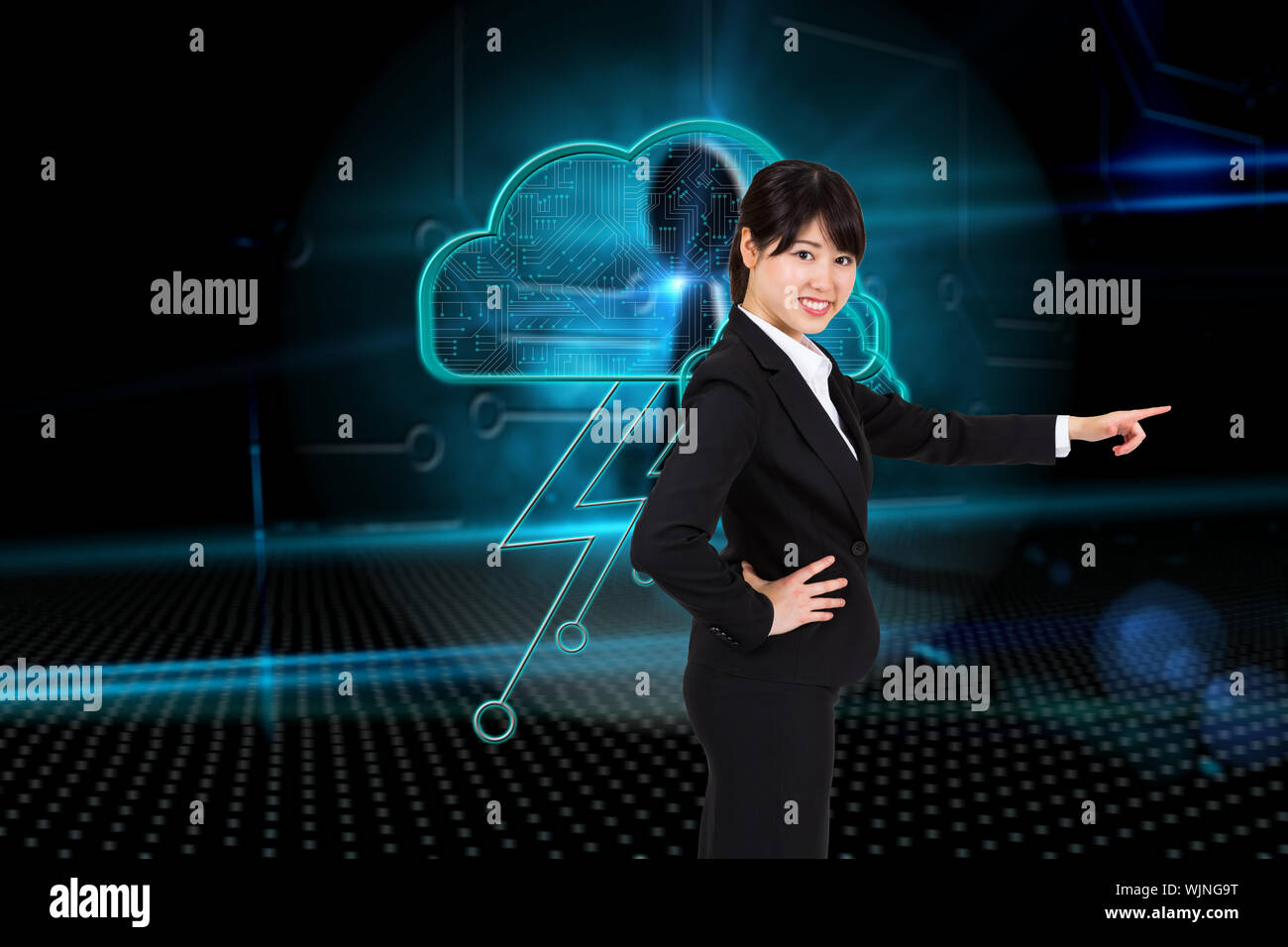 Smiling businesswoman pointing against keyhole on technological background Stock Photo