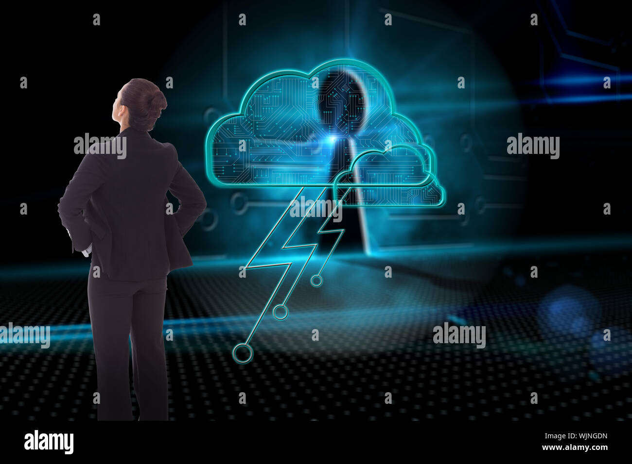 Businesswoman with hands on hips against keyhole on technological background Stock Photo