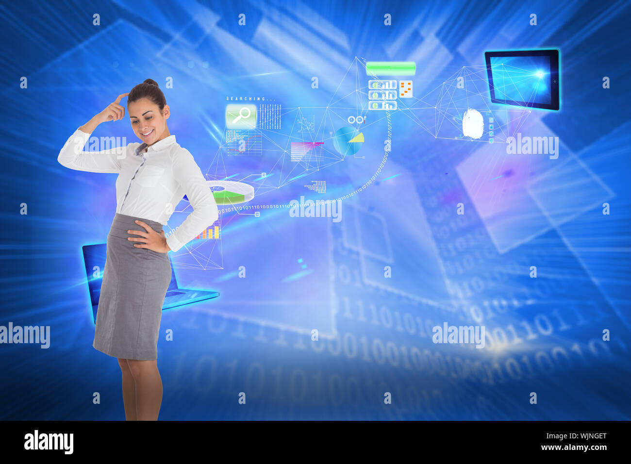 Smiling thoughtful businesswoman against shiny technological background Stock Photo