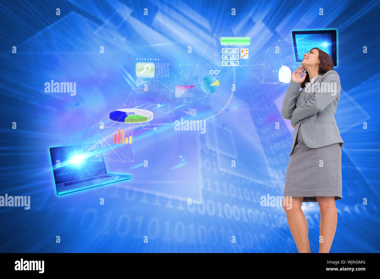 Smiling thoughtful businesswoman against shiny technological background Stock Photo