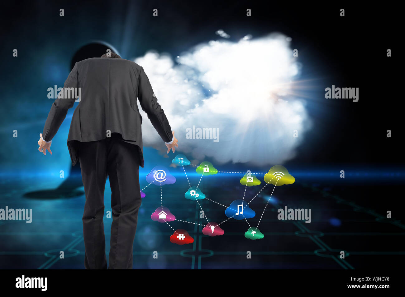 Stressed businessman gesturing against keyhole on technological black background Stock Photo