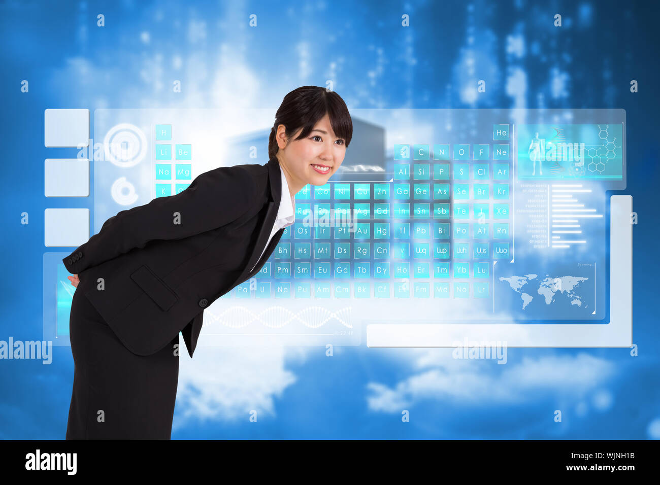 Smiling businesswoman bending against cityscape on cloud Stock Photo