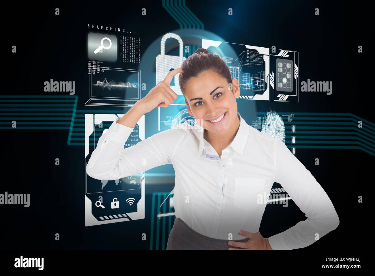 Smiling thoughtful businesswoman against shiny lock on black background Stock Photo