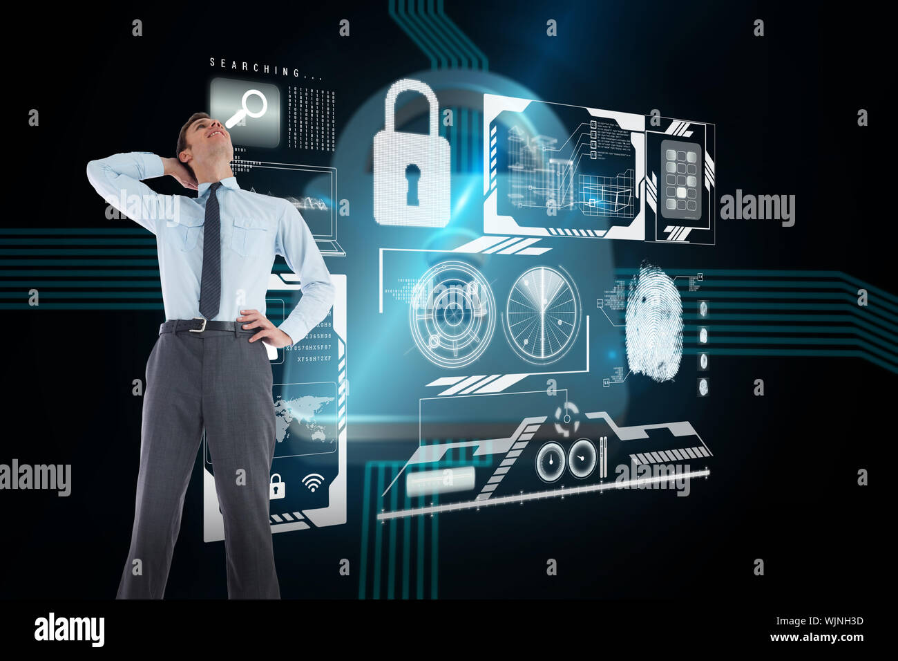 Thinking businessman with hand on head against shiny lock on black background Stock Photo