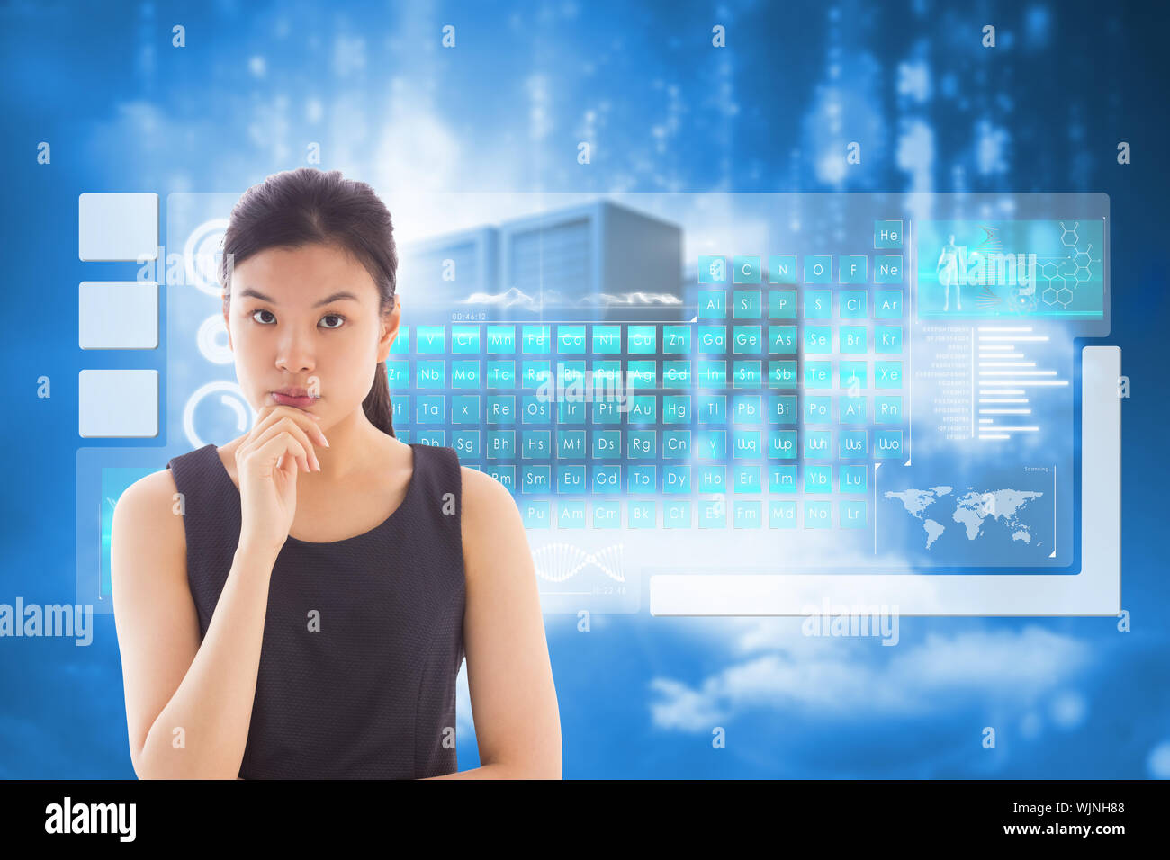 Thoughtful asian businesswoman against cityscape on cloud Stock Photo