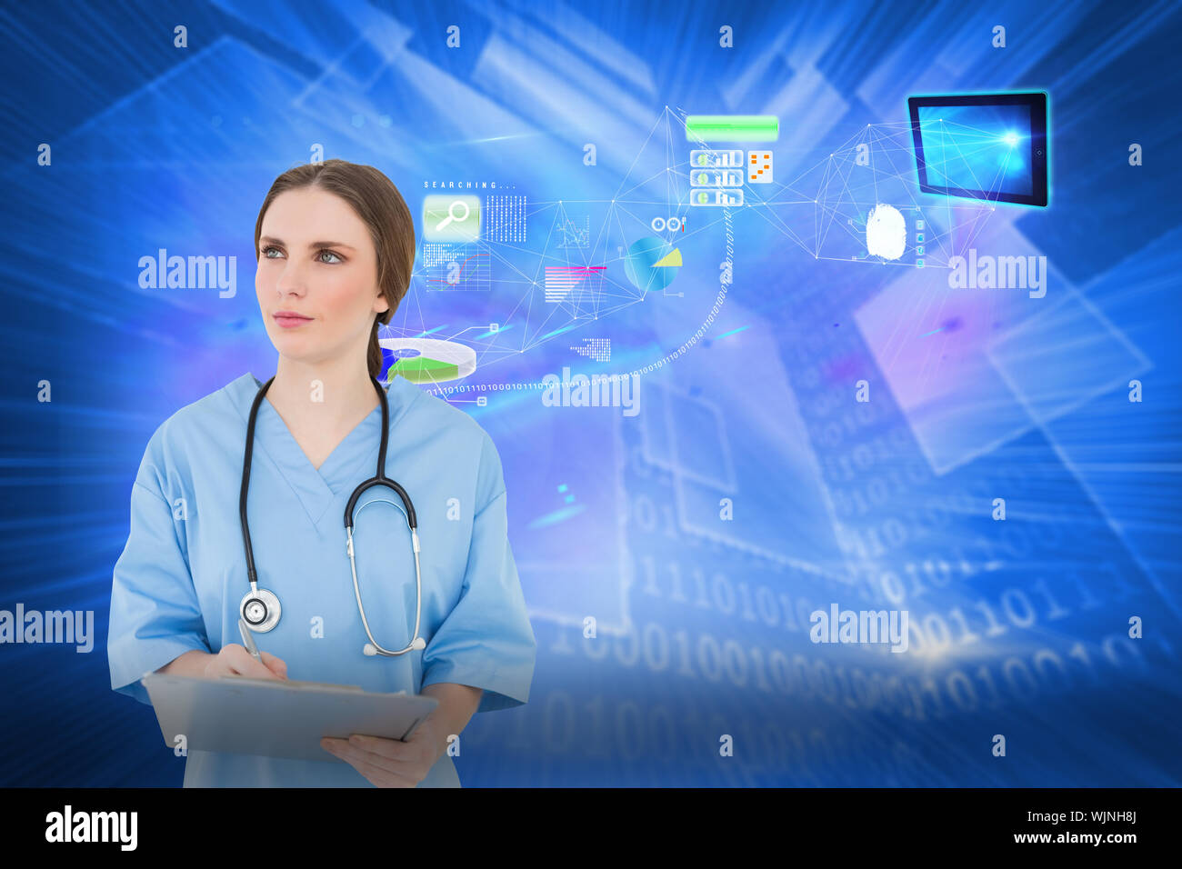 Thoughtful female doctor holding a clipboard against shiny technological background Stock Photo