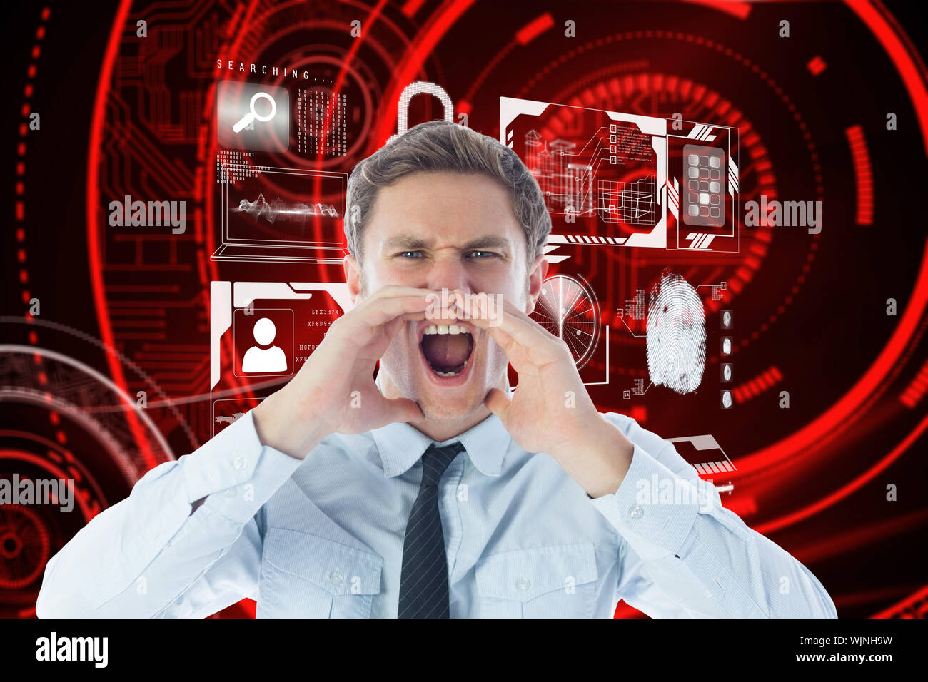 Angry businessman shouting against shiny red circles on black ...