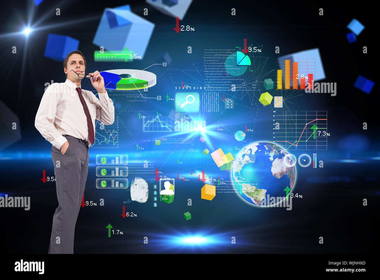 Thinking businessman holding glasses against boxes on technical background Stock Photo