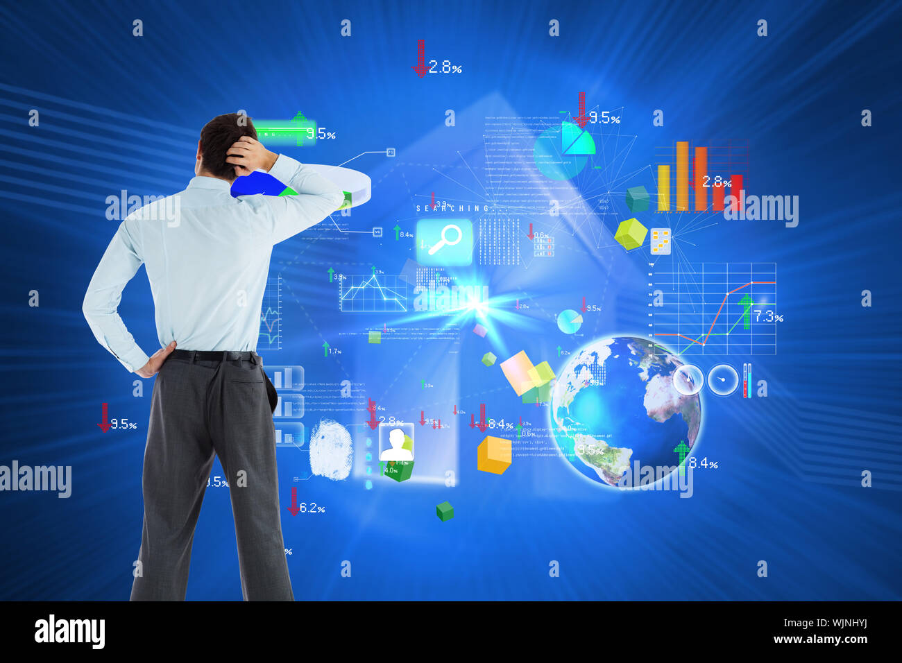 Thoughtful businessman with hand on head against shiny house on blue background Stock Photo