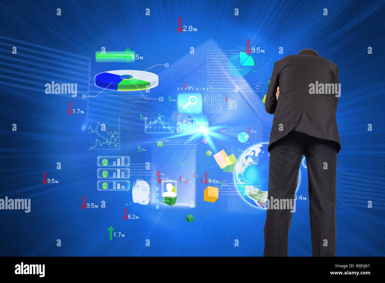 Thinking businessman against shiny house on blue background Stock Photo