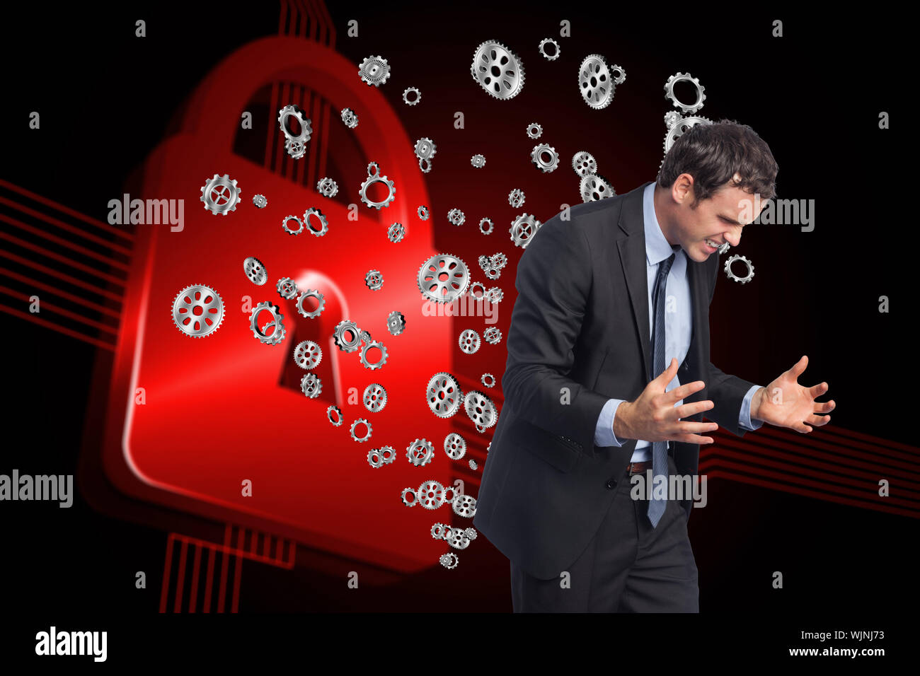 Stressed businessman gesturing against shiny red lock on black background Stock Photo
