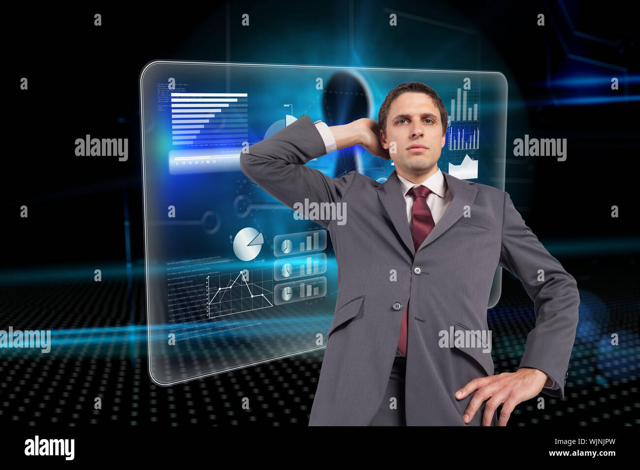 Thinking businessman scratching head against keyhole on technological background Stock Photo