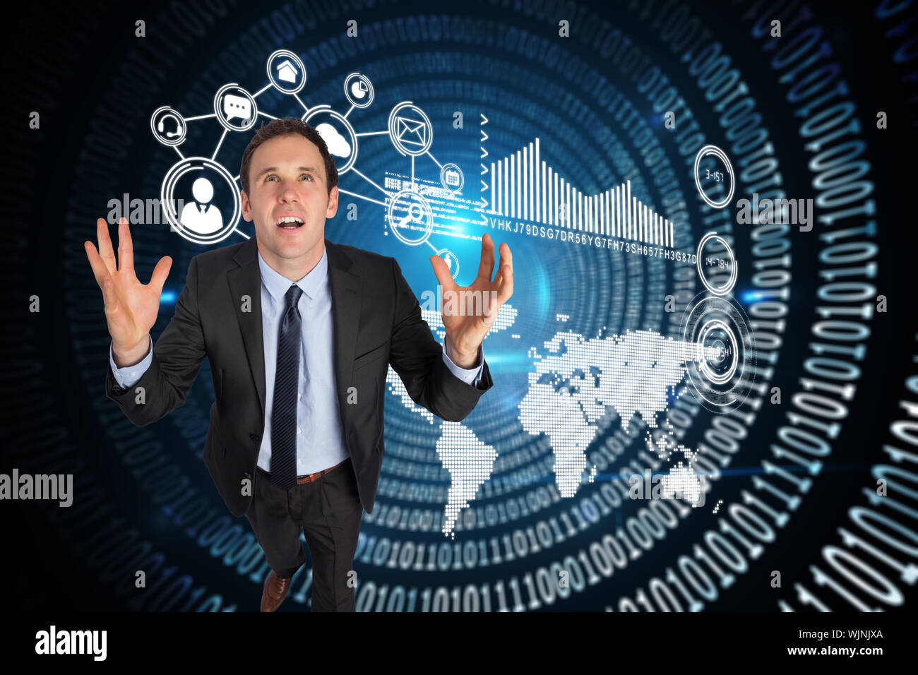 Stressed businessman gesturing against spiral of shiny binary code Stock Photo