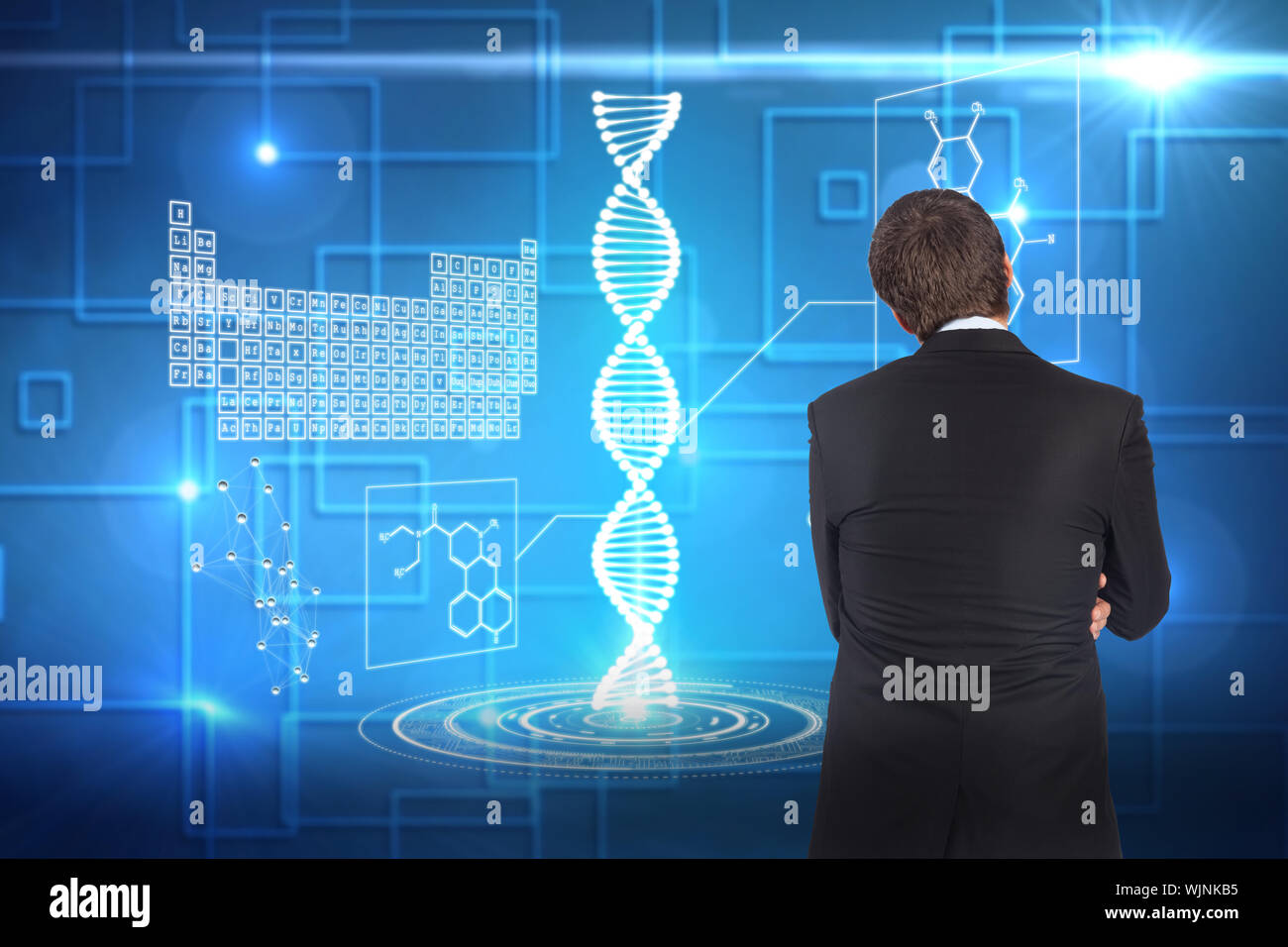 Thinking businessman against black background with shiny squares Stock Photo