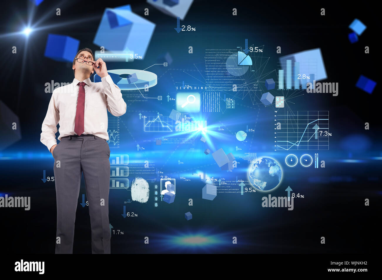 Thinking businessman holding glasses against boxes on technical background Stock Photo