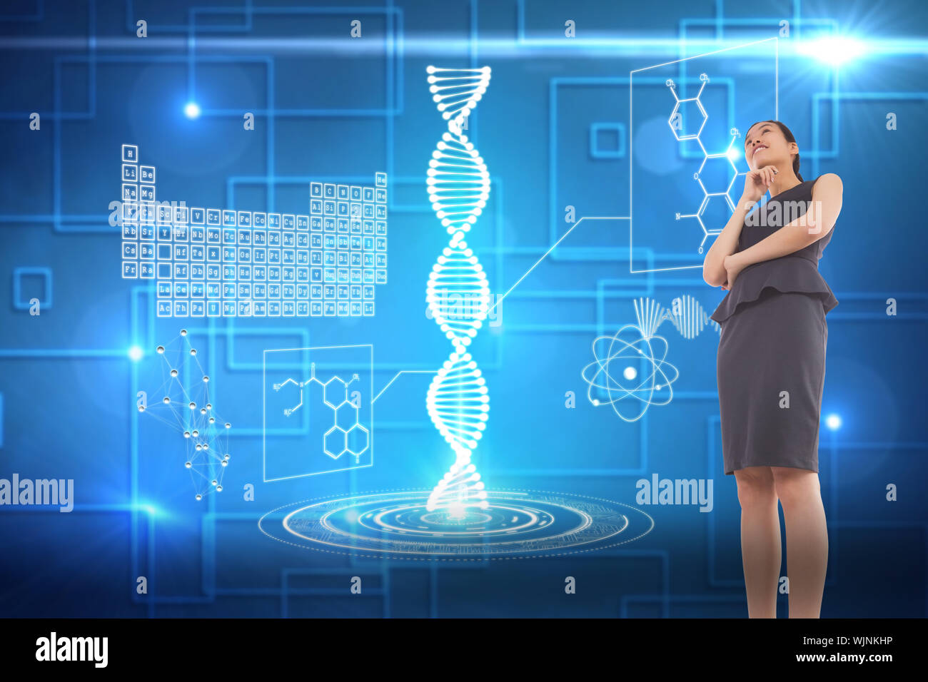 Thoughtful businesswoman against black background with shiny squares Stock Photo