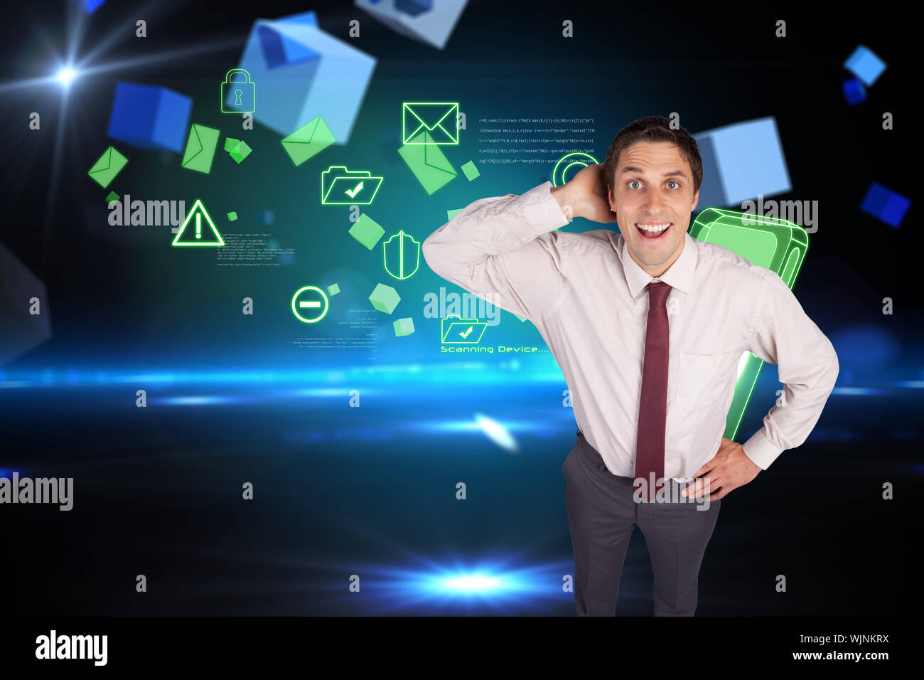 Thinking businessman scratching head against boxes on technical background Stock Photo