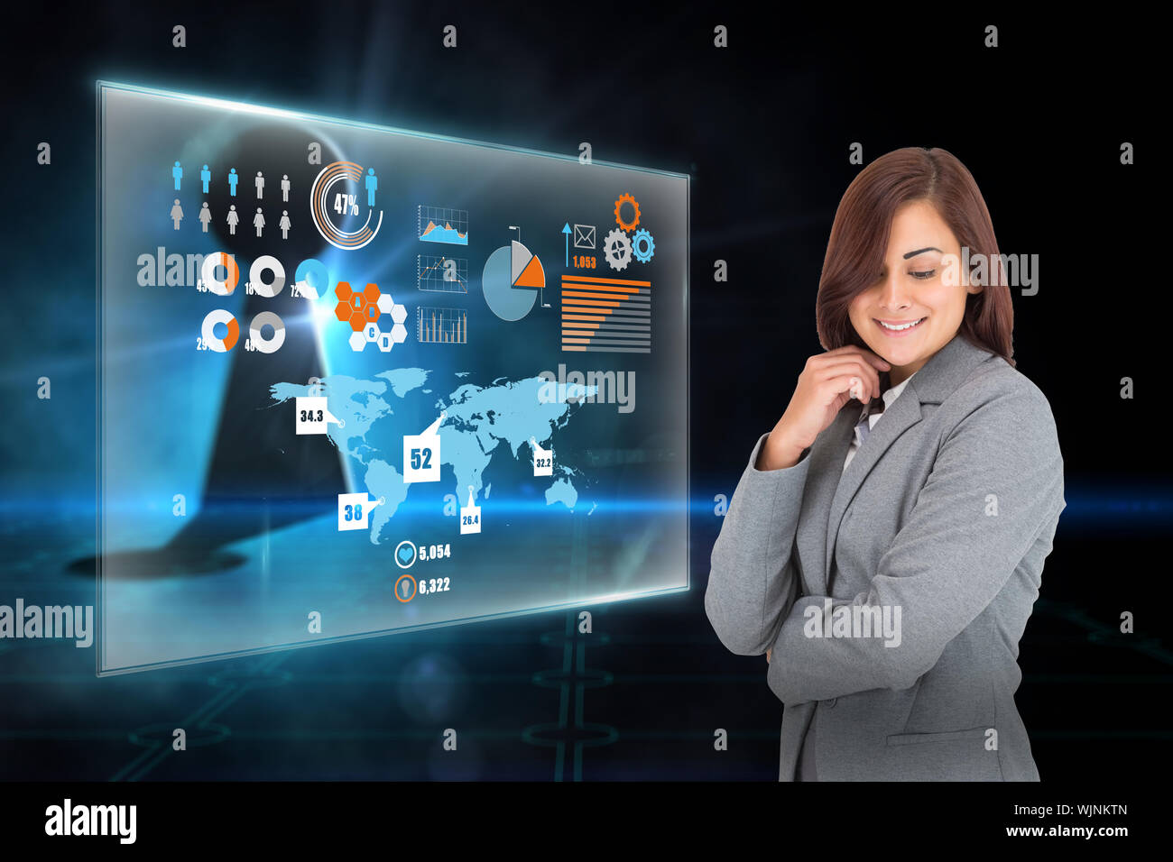 Thoughtful businesswoman against keyhole on technological black background Stock Photo