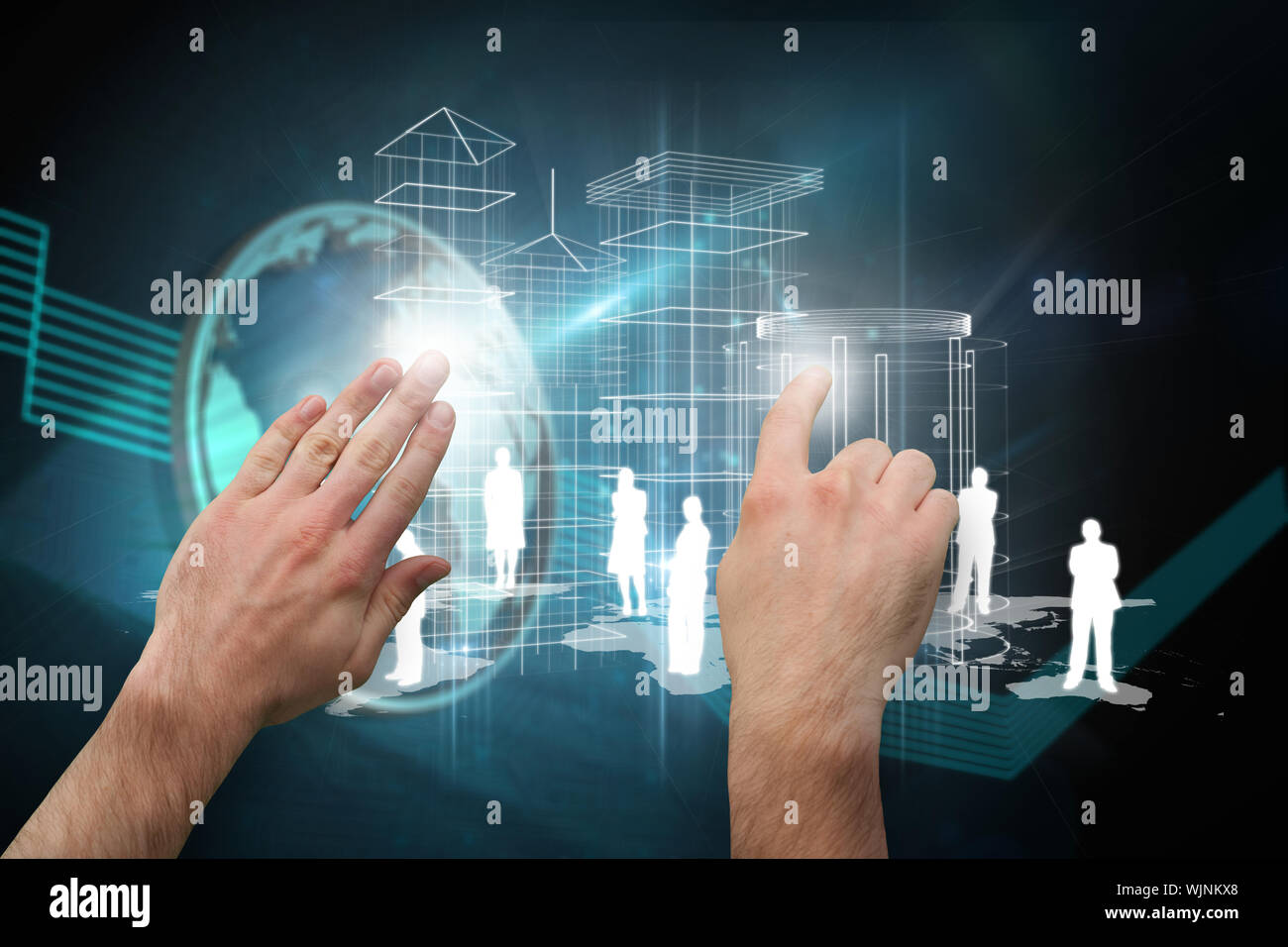 Hands pointing and presenting against shiny globe on black background Stock Photo