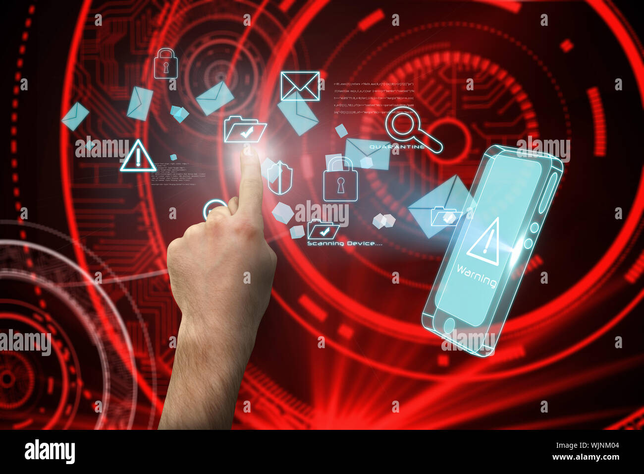 Hand pointing against shiny red circles on black background Stock Photo