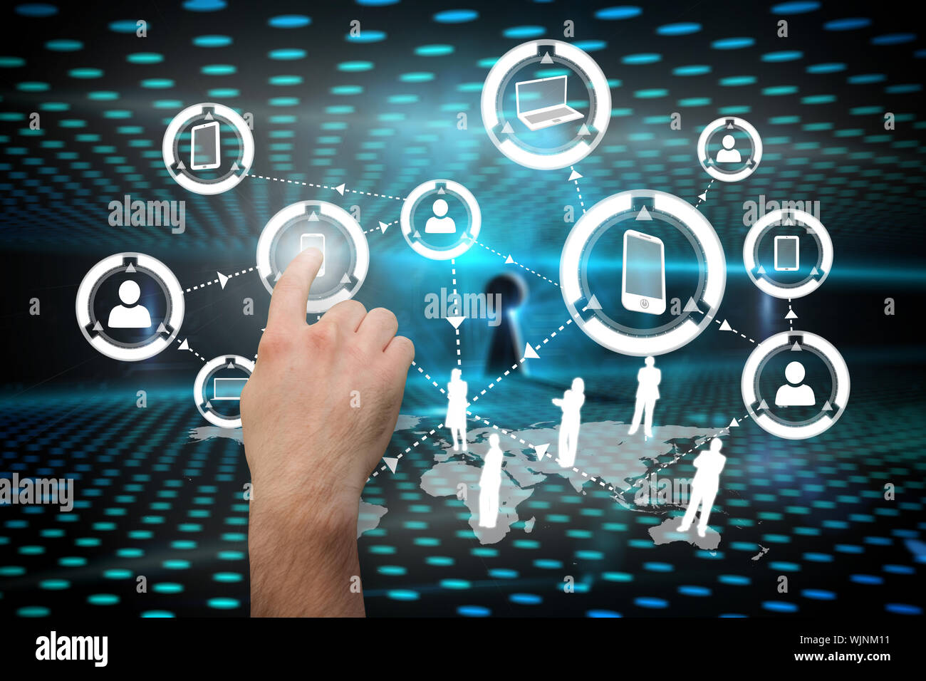 Hand pointing against keyhole on technological glowing background Stock Photo