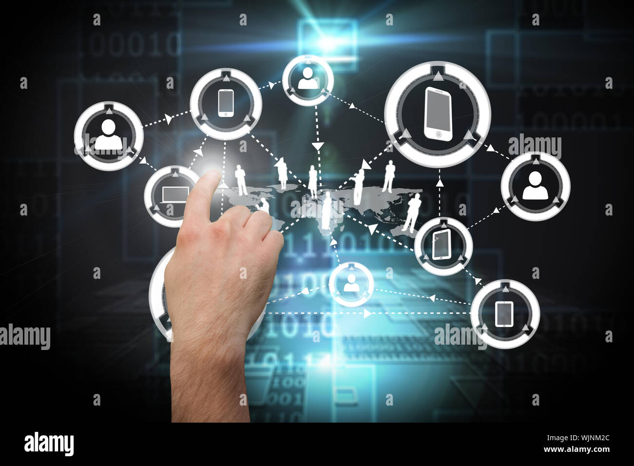 Hand pointing against shiny futuristic technological background Stock Photo
