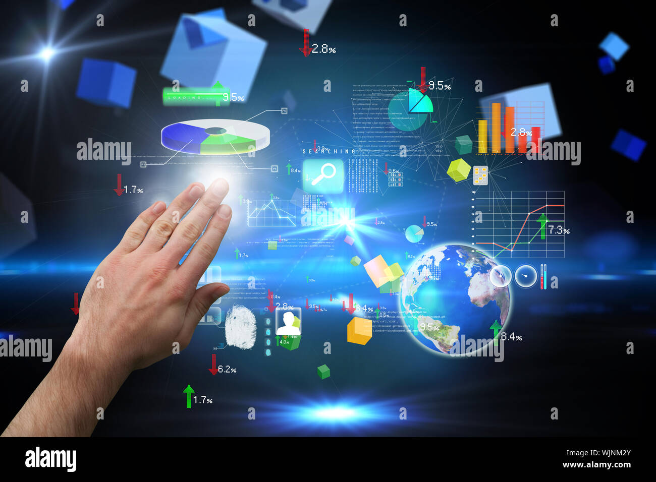 Hand presenting against boxes on technical background Stock Photo
