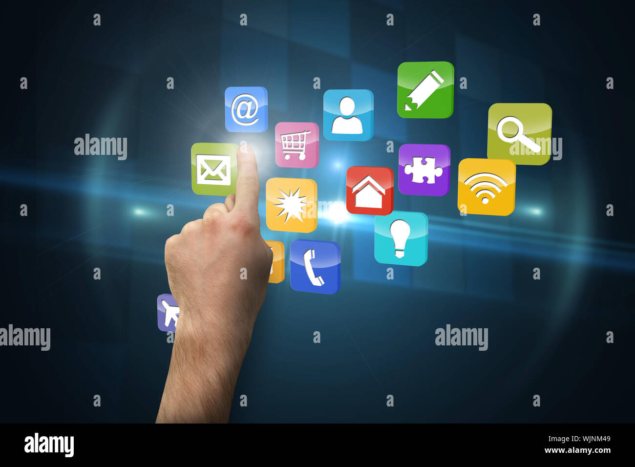 Hand pointing against technical background with squars Stock Photo