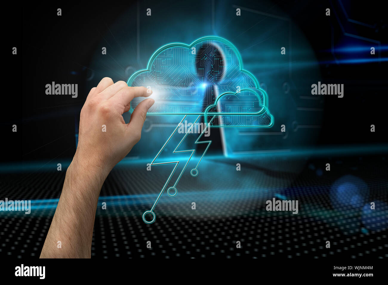 Hand presenting against keyhole on technological background Stock Photo