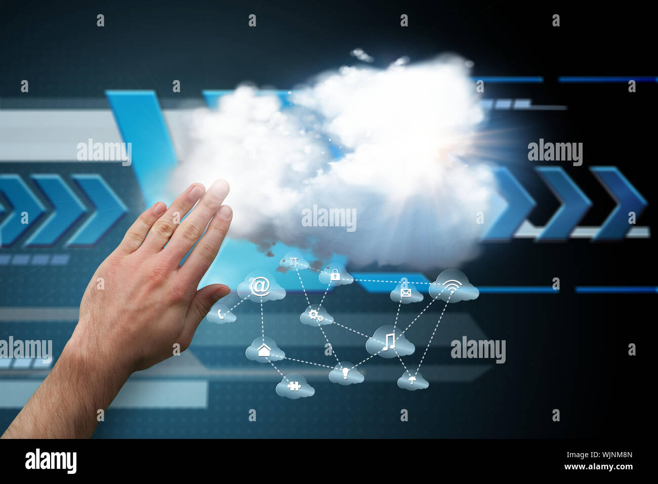 Hand presenting against arrows on technical background Stock Photo