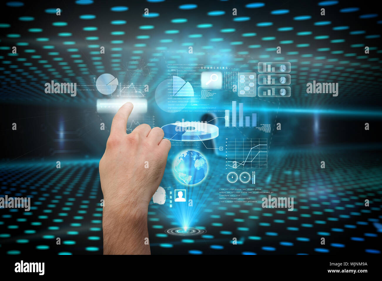 Hand pointing against keyhole on technological glowing background Stock Photo