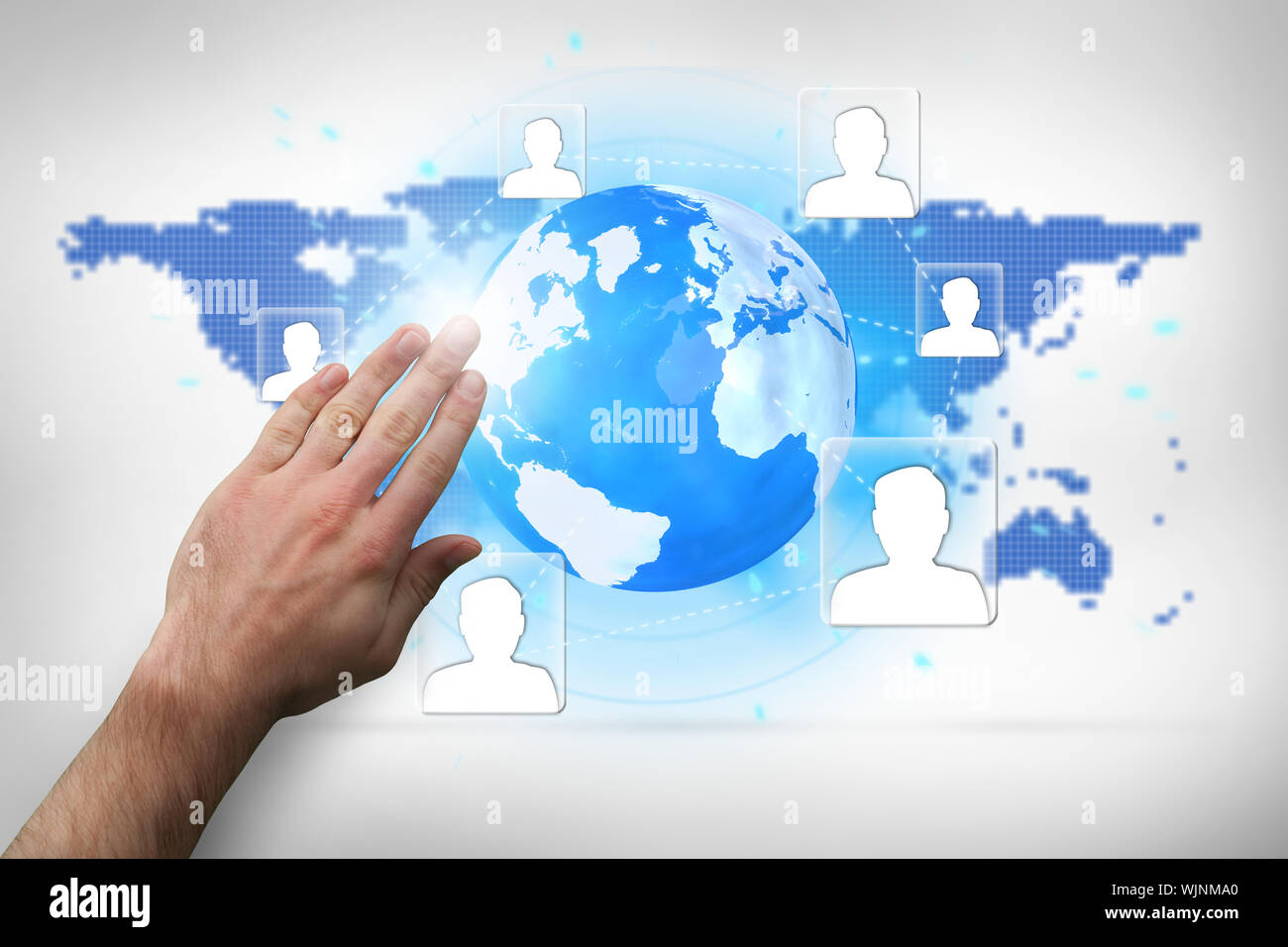 Hand presenting against blue world map on white background Stock Photo