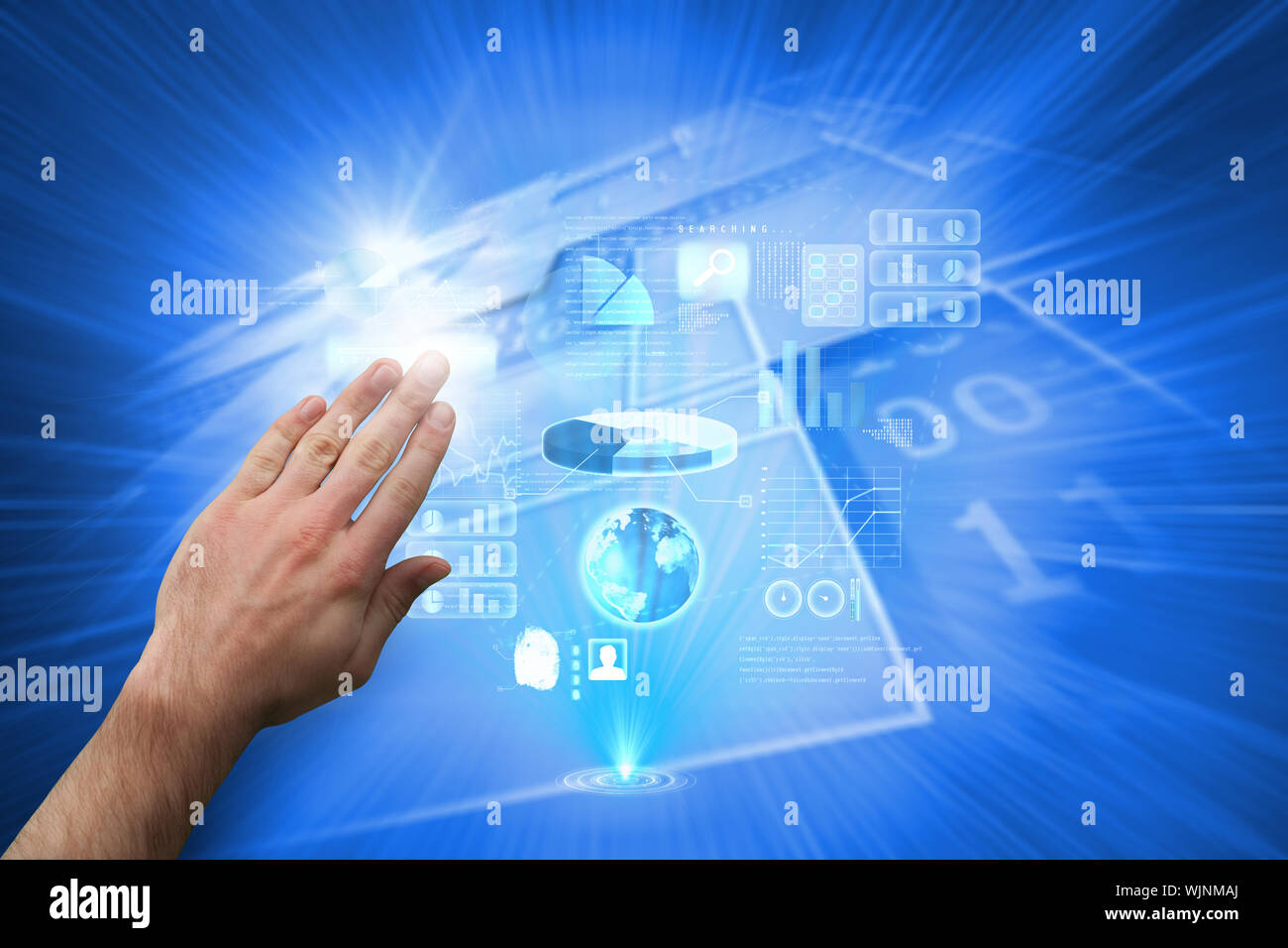 Hand presenting against shiny background with squares Stock Photo