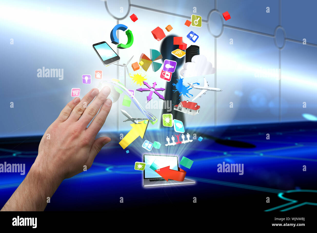 Hand presenting against keyhole on technological background Stock Photo