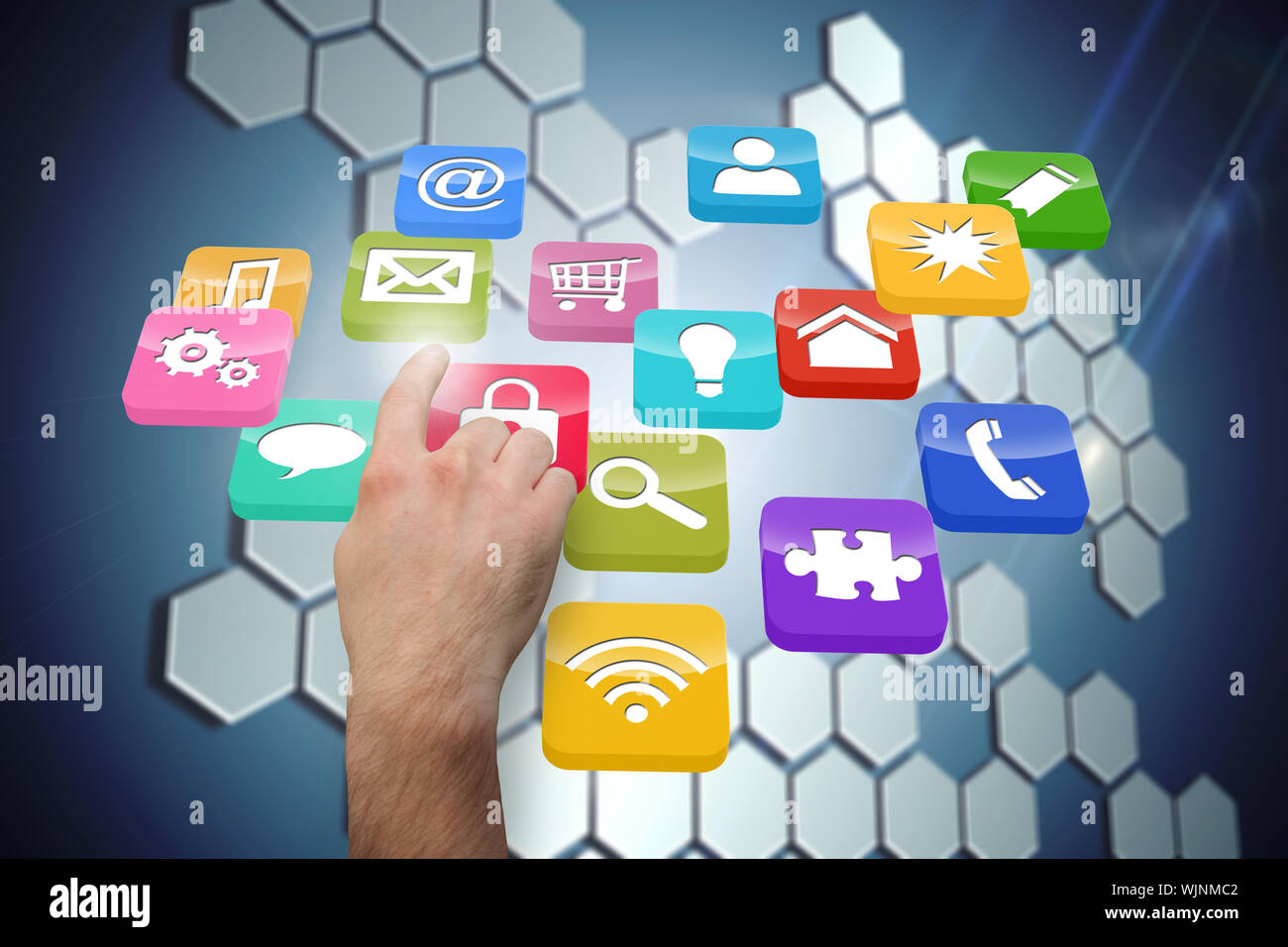 Hand pointing against technological background with hexagons Stock Photo