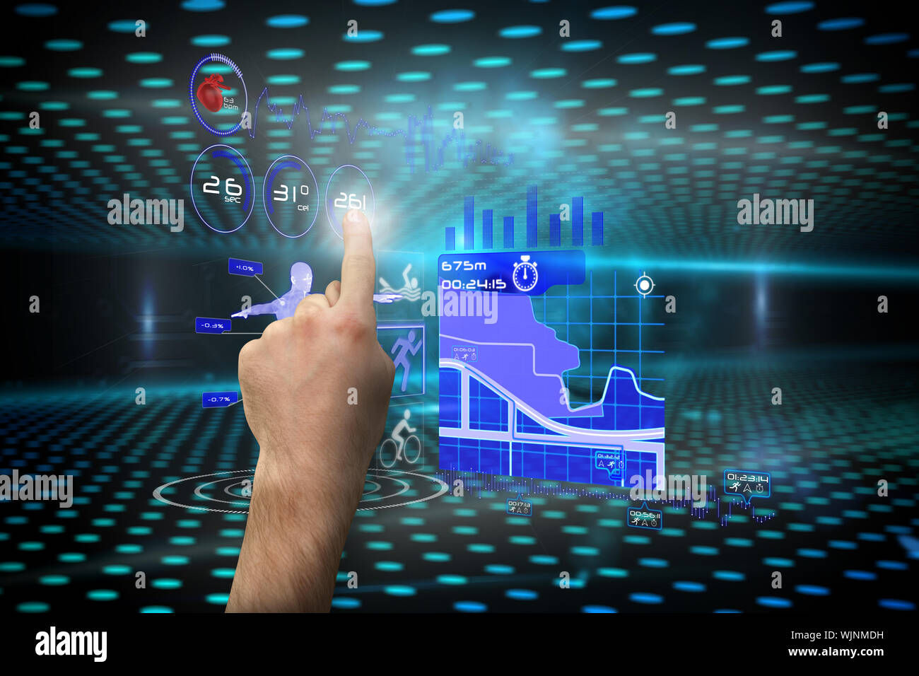 Hand pointing against keyhole on technological glowing background Stock Photo