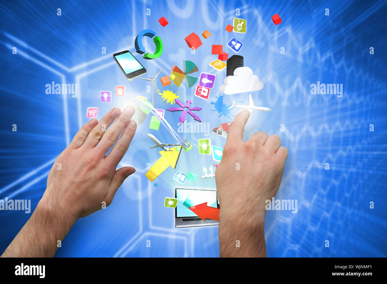 Hands pointing and presenting against background with shiny hexagons Stock Photo