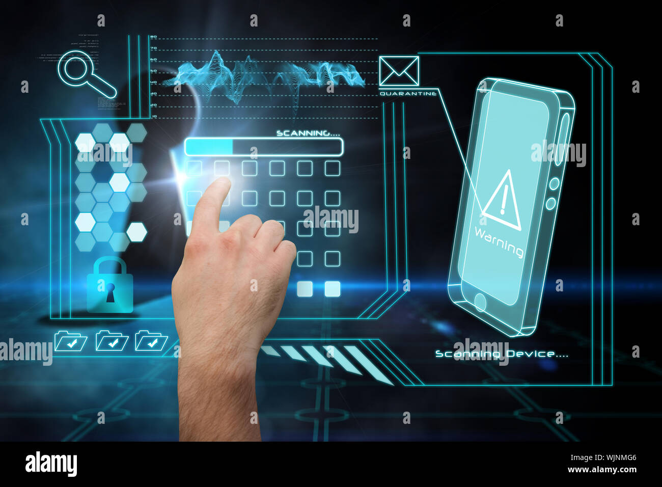 Hand pointing against keyhole on technological black background Stock Photo
