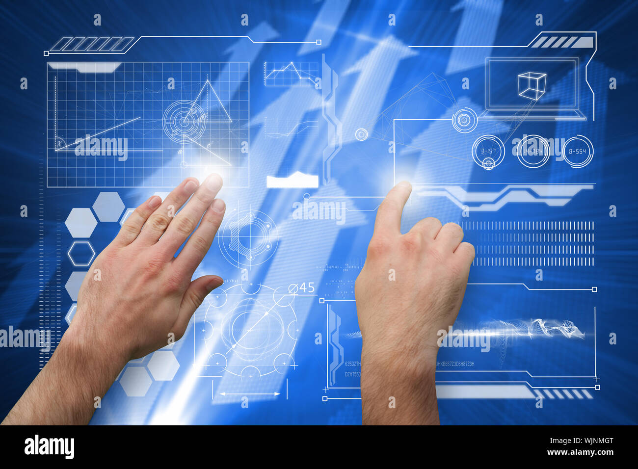 Hands pointing and presenting against futuristic shiny arrow pointing upwards Stock Photo
