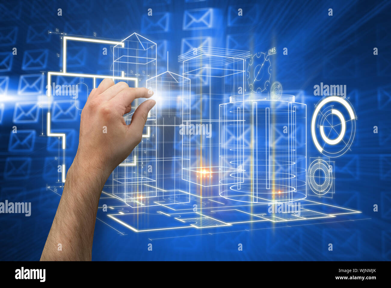 Hand presenting against glowing envelopes on blue background Stock Photo
