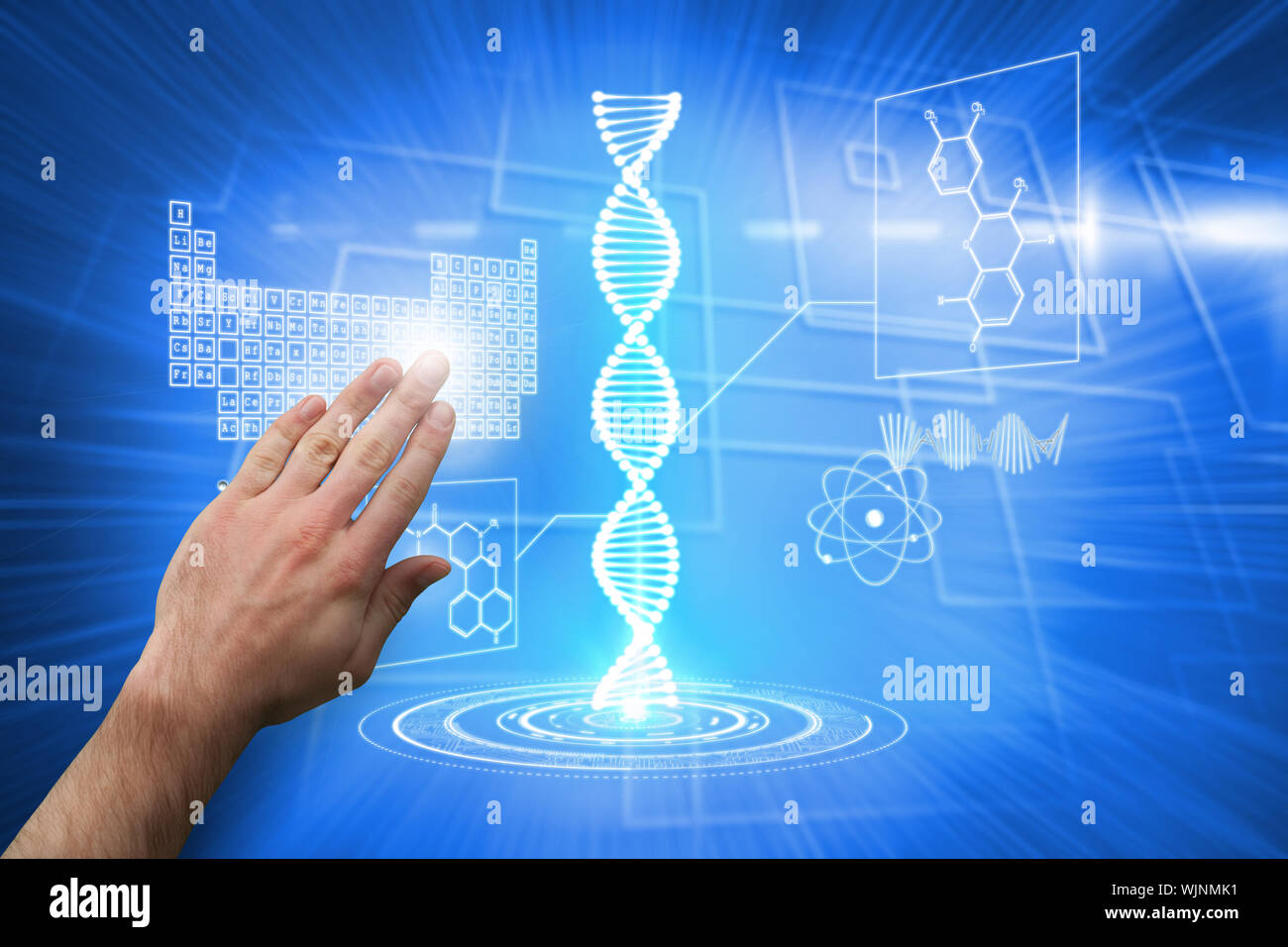 Hand presenting against background with glowing squares Stock Photo