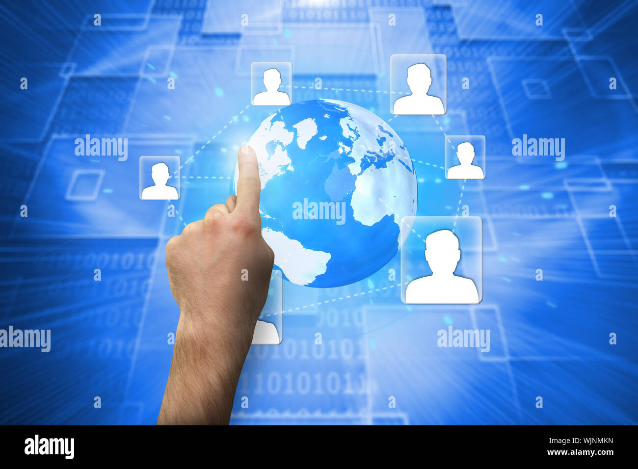 Hand pointing against shiny background with squares Stock Photo